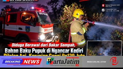 Diduga Berawal dari Bakar Sampah, Bahan Baku Pupuk di Ngancar Kediri Dilalap Api, Kerugian Capai Rp130 Juta