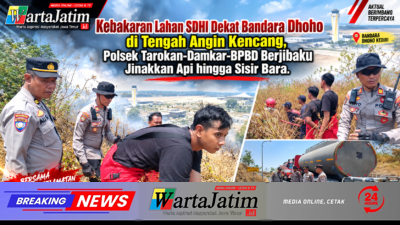 Kebakaran Lahan SDHI Dekat Bandara Dhoho di Tengah Angin Kencang, Polsek Tarokan-Damkar-BPBD Berjibaku Jinakkan Api hingga Sisir Bara